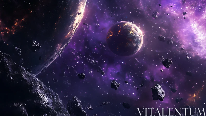 Volcanic exoplanet amid dense asteroid belt in violet nebula.