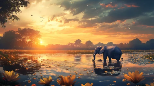 Elephant wades through reflective river under high-saturation sunset light