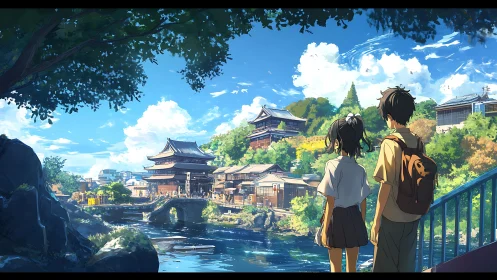 Summer day unfolds over riverside Japanese townscape.