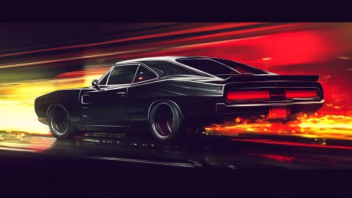 Midnight muscle car roars through neon light and blazing speed