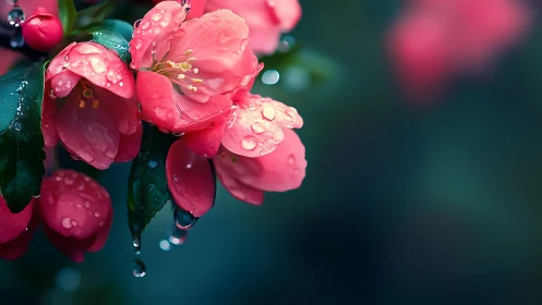 Crimson Blooms Crowned in Raindrops Dance