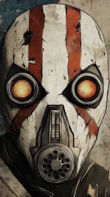 Weathered gas mask portrait shows distressed striped respirator helmet