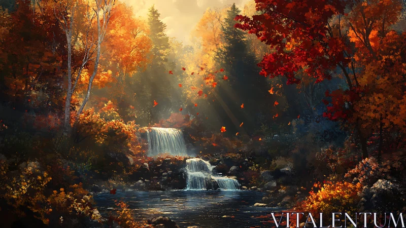 Digital painting of autumn cascades in luminous forest glade.