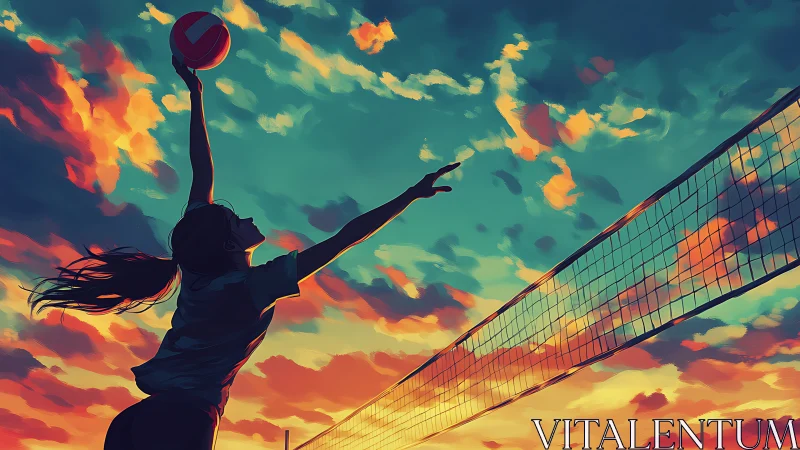 Sunset volleyball spike in vivid painterly silhouette.