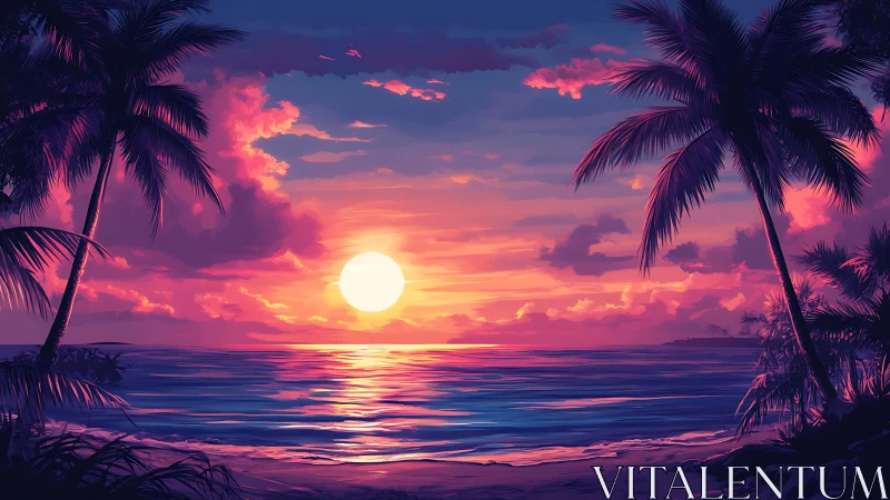 Radiant tropical sunset framed by silhouetted palm trees.
