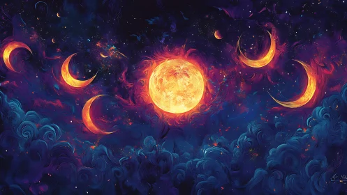 Celestial suns and moons swirling in a vibrant nebula sky.