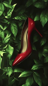 Red high heel shoe lies centered amid dense green foliage