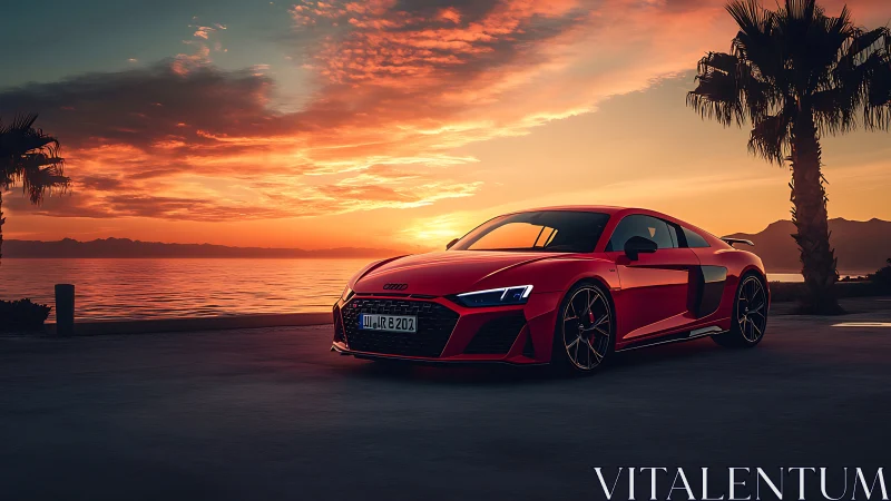 Red sports coupe parked by coastal road at vibrant sunset