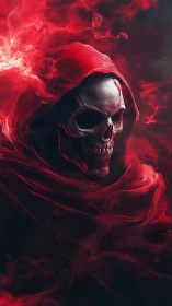 Haunting red reaper wrapped in swirling ember shadows.