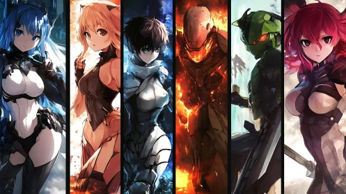 Lineup of armored anime characters in segmented vertical panels.