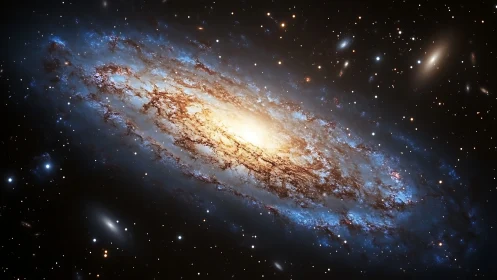 Spiral galaxy is rendered with central bulge and dust lanes