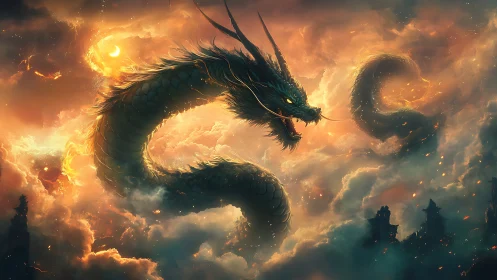 Mythic serpentine dragon coiled in burning storm clouds.