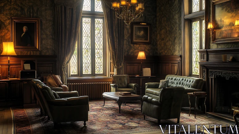 Edwardian lounge with leather seating, leaded windows and warm lamps