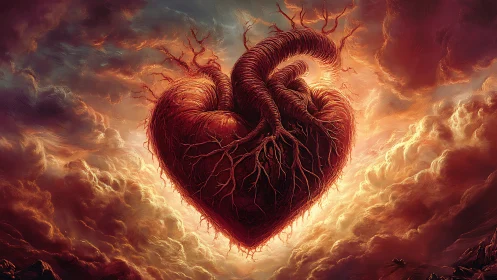Anatomical Heart Suspended in Apocalyptic Inferno