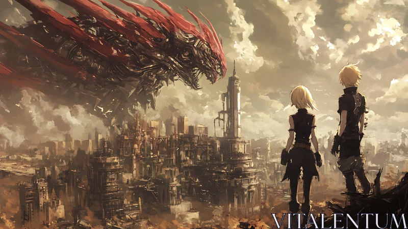 Mechadragon confrontation above decayed industrial megacity.