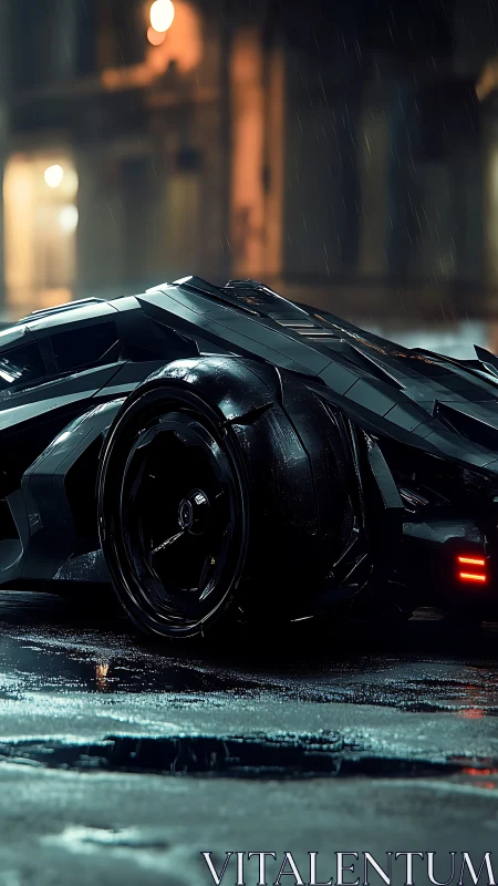 Night rain crowns a stealth hypercar prowling neon streets