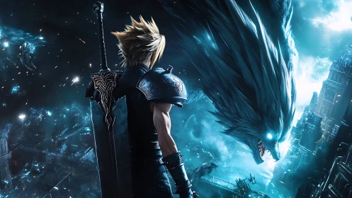 Sword warrior faces glowing spectral beast in stormy city