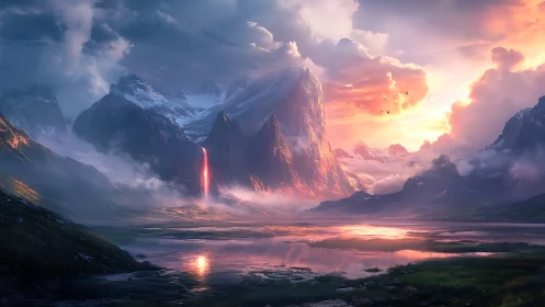Mountain valley with glowing waterfall at dramatic sunset.