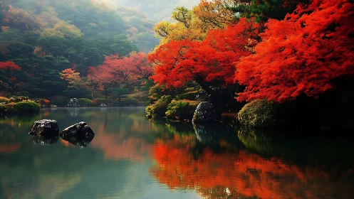 Fiery autumn maples glow over a tranquil reflective lake