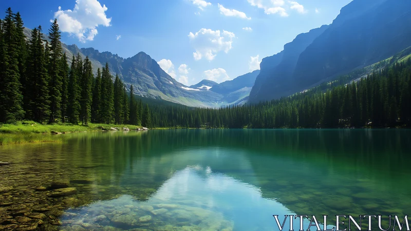 Mountain lake with conifer forest and distant ridges at noon.