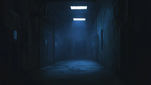 Dark blue industrial corridor with closed metal doors.