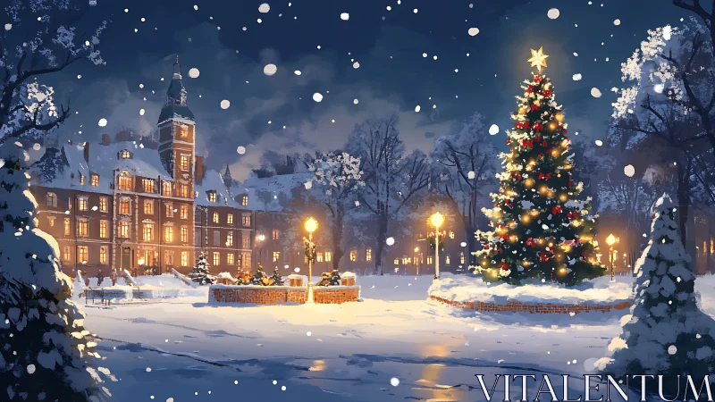 Snowy town square with illuminated Christmas tree at night.