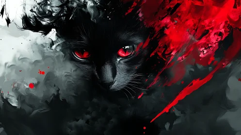 Black feline face emerges from red and gray digital smoke