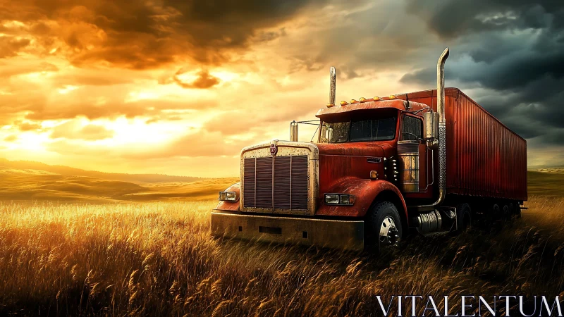 Sunset freight titan resting in storm-kissed prairie fields.