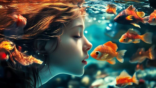 Girl underwater facing bright goldfish in vivid blue scene