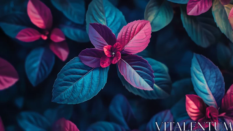 Vibrant blue and magenta foliage in close botanical view.