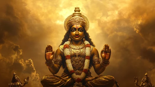 Golden divine figure offering calm blessings in glowing light.