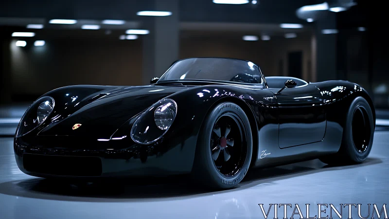 Black retro-inspired sports car gleams under cool studio lights