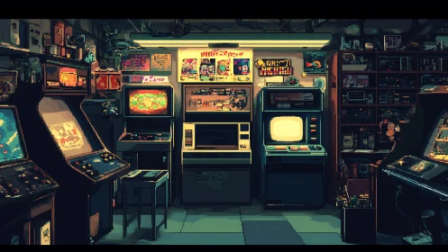 Dimly lit retro arcade room with vintage game cabinets.