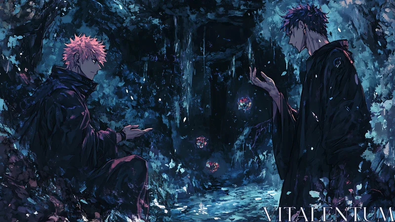 Sorcerers trade secrets in a stormlit cavern of blue fire.