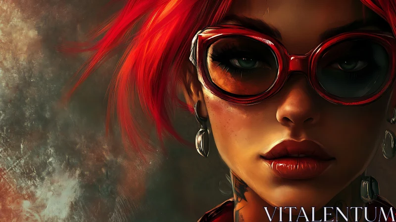 Intense red-haired rebel in glossy oversized goggles portrait.