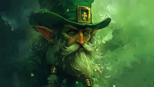 Emerald leprechaun elder gazes from swirling green mist.