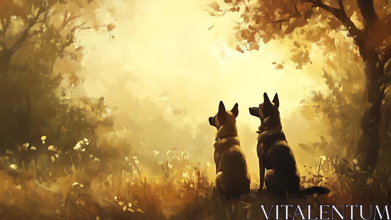 Two dogs sit in a sunlit clearing beneath autumn trees