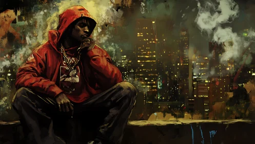 Urban rooftop portrait in red hoodie against misty skyline