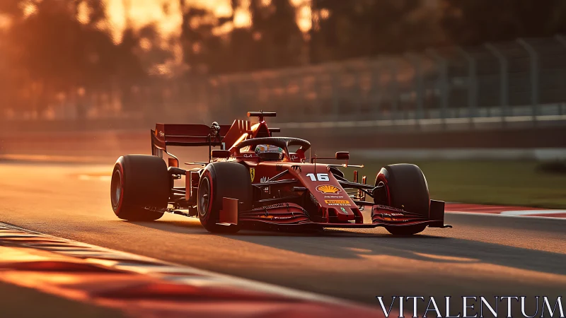 Red Formula One car slices golden track at sunset speed