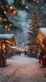 Snowy outdoor Christmas market with lights and stalls.