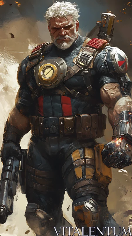 Battle-scarred space guardian strides through swirling firestorm.