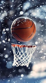 Snow-laden basketball mid-flight above rim in frozen bokeh field.