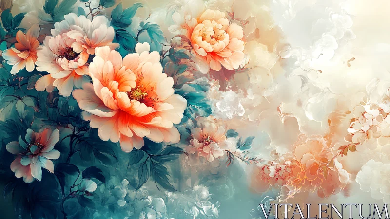 Layered floral composition with peony-type flowers in coral-teal palette.