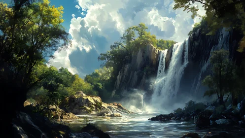 Sunlit forest waterfall cascades into a misty, tranquil river
