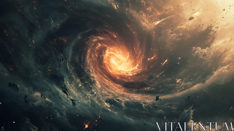 Cosmic firestorm vortex swirling through collapsing nebula.