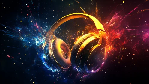 Glowing over-ear headphones emit chromatic particle burst in space