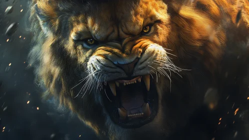Cinematic digital lion portrait captures feral roar in motion