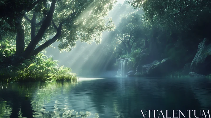 Ethereal Forest Waterfall. Sunlit Jungle Sanctuary with Cascading Water.