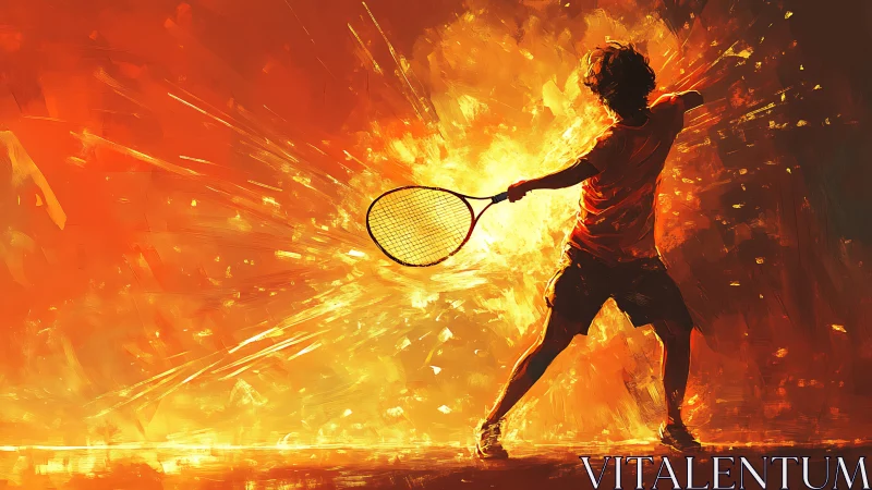 Silhouette tennis player executes forehand against abstract light