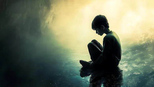 Solitary boy silhouette amid luminous mist on reflective ground